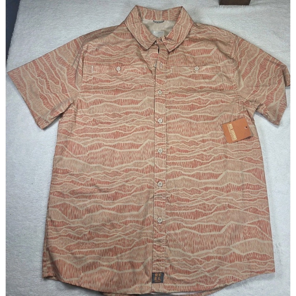 Reel Legends Performance Fishing Shirt Mens M Orange Mountain Lines UPF 50